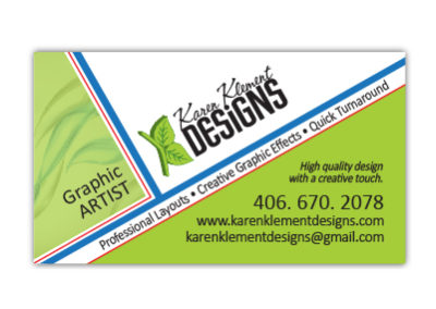 Business card design with slanted logo and text.